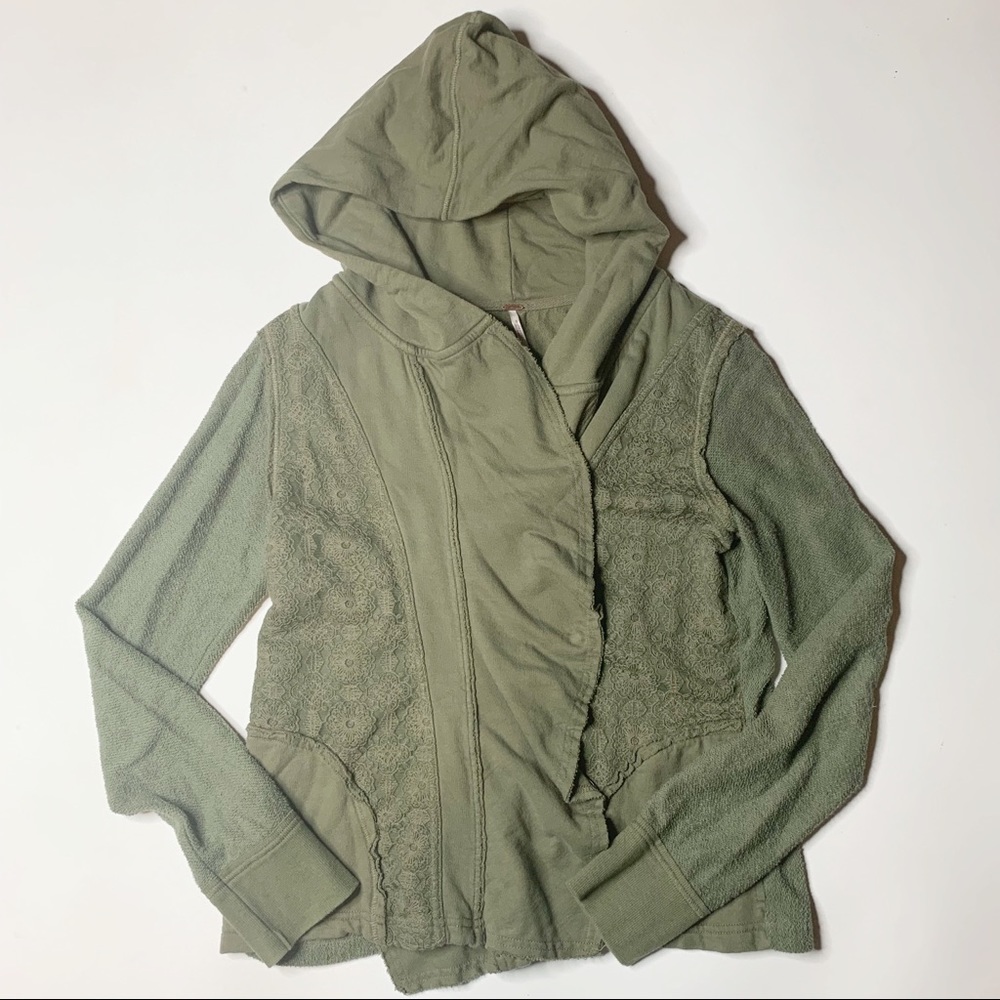 Free People olive green sweater jacket hood